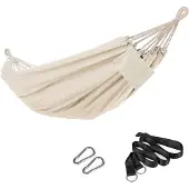Songmics Hängematte, 210 x 150 cm, Doppelhängematte, 300 kg Tragkraft, für Terrasse, Balkon, Garten, Outdoor, Camping, mit Tragetasche, Befestigungsriemen und Karabinern, Beige GDC15M