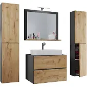 VCM 5-tlg. Waschplatz Waschtisch | Waschbecken Unterschrank Breite 60 cm | Badmöbel Set mit Schubladen Drehtüren Spiegel | Lendas XL Schublade