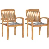 vidaXL Gartenstühle 2 Stk. Graue Karomuster Kissen Massivholz Teak