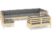 vidaXL 9-tlg. Garten-Lounge-Set mit Grauen Kissen Kiefer Massivholz