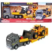 Majorette Volvo Truck FH-16 mit Auflieger und Radlader (orange/grau, Mit Licht und Sound)