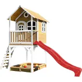 Axi Spielhaus Sarah mit Sandkasten & roter Rutsche | Stelzenhaus in Braun & Weiß aus Holz für Kinder | Spielturm mit Wellenrutsche für den Garten