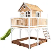 Axi Spielhaus Liam mit Sandkasten & hellgrüner Rutsche | Stelzenhaus XXL in Braun & Weiß aus FSC Holz für Kinder | Spielturm mit Wellenrutsche für den Garten