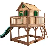 Axi Spielhaus Liam mit Sandkasten & grüner Rutsche | Stelzenhaus XXL in Braun & Grün aus FSC Holz für Kinder | Spielturm mit Wellenrutsche für den Garten