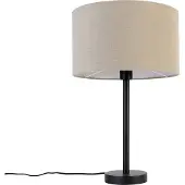 QAZQA - Design Moderne Tischlampe schwarz mit Bouclé-Schirm hellbraun 35 cm - Simplo I Wohnzimmer I Schlafzimmer - Stahl Rund - LED geeignet E27