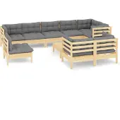 vidaXL 10-tlg. Garten-Lounge-Set mit Grauen Kissen Kiefer Massivholz