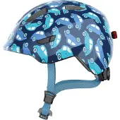 ABUS Kinderhelm Smiley 3.0 LED - Fahrradhelm mit Licht - tiefe Passform & Platz für einen Zopf - für Mädchen und Jungs - Blau mit Auto-Muster, Größe M (50-55 cm)
