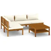 vidaXL 5-tlg. Garten-Lounge-Set mit Creme Kissen Massivholz Akazie