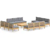 vidaXL 13-tlg. Garten-Lounge-Set mit Grauen Kissen Kiefernholz
