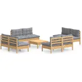vidaXL 9-tlg. Garten-Lounge-Set mit Grauen Kissen Kiefernholz
