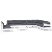 vidaXL 11-tlg. Garten-Lounge-Set mit Kissen Weiß Massivholz Kiefer