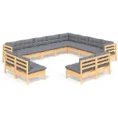 vidaXL 12-tlg. Garten-Lounge-Set mit Grauen Kissen Massivholz Kiefer