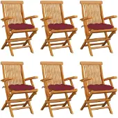 vidaXL Gartenstühle mit Weinroten Kissen 6 Stk. Massivholz Teak