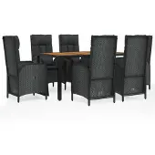 vidaXL 7-tlg. Garten-Essgruppe mit Kissen Schwarz Poly Rattan
