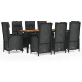 vidaXL 9-tlg. Garten-Essgruppe mit Kissen Schwarz Poly Rattan