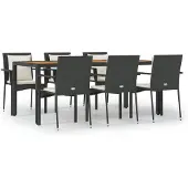 vidaXL 7-tlg. Garten-Essgruppe mit Kissen Schwarz Poly Rattan