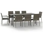 vidaXL 9-tlg. Garten-Essgruppe mit Kissen Schwarz und Grau Poly Rattan
