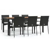 vidaXL 7-tlg. Garten-Essgruppe mit Kissen Schwarz Poly Rattan