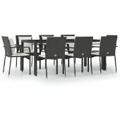 vidaXL 9-tlg. Garten-Essgruppe mit Kissen Schwarz Poly Rattan