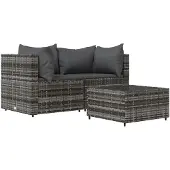 vidaXL 3-tlg. Garten-Lounge-Set mit Kissen Grau Poly Rattan