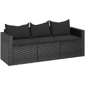 vidaXL 3-Sitzer-Gartensofa mit Kissen Schwarz Poly Rattan