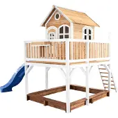 Axi Spielhaus Liam mit Sandkasten & blauer Rutsche | Stelzenhaus XXL in Braun & Weiß aus FSC Holz für Kinder | Spielturm mit Wellenrutsche für den Garten