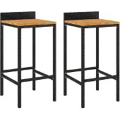 vidaXL Barhocker 2 Stk. Schwarz Poly Rattan und Massivholz Akazie
