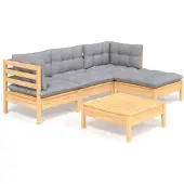 vidaXL 5-tlg. Garten-Lounge-Set mit Grauen Kissen Kiefernholz