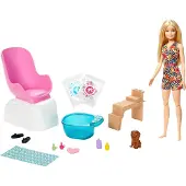 Barbie Mani-Pedi Puppe (blond) Spielset, Anziehpuppe, Nagelstudio mit Zubehör