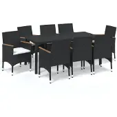 vidaXL 9-tlg. Garten-Essgruppe mit Kissen Poly Rattan Schwarz