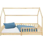 ECD-Germany Kinderbett 90x200 cm mit Rausfallschutz, Dach und Lattenrost, Natur, Hausbett aus massivem Kiefernholz, Bodenbett, Holzbett