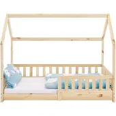 ECD-Germany Kinderbett 80x160 cm mit Rausfallschutz, Dach und Lattenrost, Natur, Hausbett aus massivem Kiefernholz, Bodenbett, Holzbett