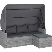 vidaXL 3-Sitzer-Gartensofa mit Dach und Fußhocker Grau Poly Rattan