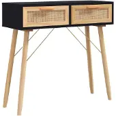 vidaXL Konsolentisch Schwarz 80x30x75cm Massivholz Kiefer Natur-Rattan