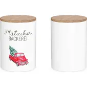 La-vida La Vida Vorratsdose Plätzchen Bäckerei Auto Tannenbaum Porzellan mit Bambusdeckel weiß braun rot 11x16cm