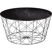 SalesFever Couchtisch mit Metallkorb Ø 80 cm | Glasplatte foliert in Marmor-Optik | Gestell Metall | B 80 x T 80 x H 45 cm | schwarz