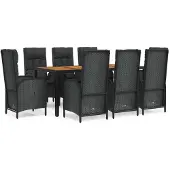 vidaXL 9-tlg. Garten-Essgruppe mit Kissen Schwarz Poly Rattan