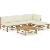 vidaXL 5-tlg. Garten-Lounge-Set mit Cremeweißen Kissen Bambus