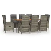 vidaXL 9-tlg. Garten-Essgruppe mit Kissen Grau Poly Rattan