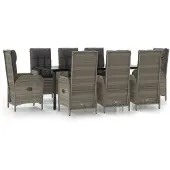 vidaXL 9-tlg. Garten-Essgruppe mit Kissen Schwarz und Grau Poly Rattan