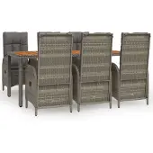 vidaXL 7-tlg. Garten-Essgruppe mit Kissen Grau Poly Rattan