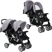 vidaXL Tandem-Kinderwagen Stahl Grau und Schwarz