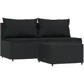 vidaXL 3-tlg. Garten-Lounge-Set mit Kissen Schwarz Poly Rattan