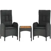 vidaXL 3-tlg. Garten-Lounge-Set mit Kissen Schwarz Poly Rattan