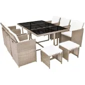 vidaXL 11-tlg. Garten-Essgruppe mit Auflagen Poly Rattan Beige