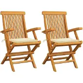 vidaXL Gartenstühle mit Creme Kissen 2 Stk. Massivholz Teak