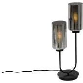 QAZQA Art-Deco-Tischlampe schwarz mit Rauchglas 2-flammig – Laura