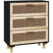 vidaXL Sideboard Schwarz 60x30x70cm Massivholz Kiefer und Natur-Rattan