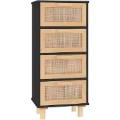 vidaXL Sideboard Schwarz 40x30x90cm Massivholz Kiefer und Natur-Rattan