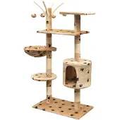 The Living Store Katzen-Kratzbaum 125 cm Beige mit Pfoten-Aufdruck